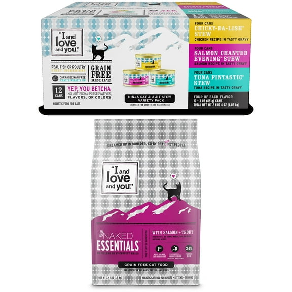 Bundle & Save: I and Love and You Naked Essentials Salmon   Trout Dry Cat Food, 3.4 lb. and I and Love and You Ninja Cat Jiu Jit Stew 12 ct Variety Pack Feast Mode Cat Food Bundle