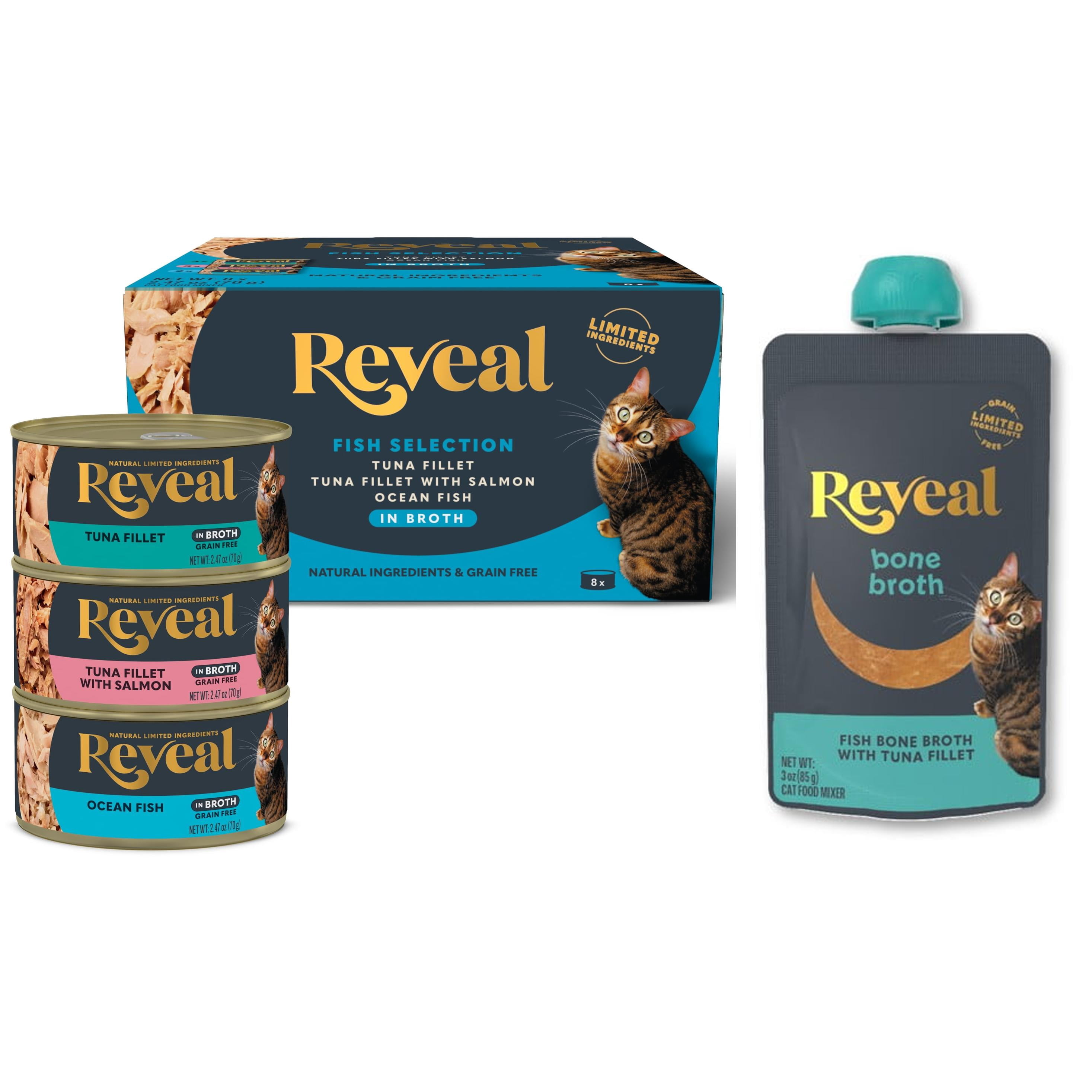 Bundle & Save: Reveal Pet Food Natural Wet Cat Food Fish Selection 8x2.47oz cans and Natural Cat Treats Bone Broth with Tuna Fillet 3oz