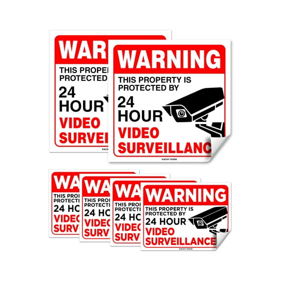 Bundle (Set of 6) Warning - 24 HR Video Surveillance Sign - (2) 6"x6" & (4) 3"x4" - 4 Mil Vinyl - Laminated - Fade Resistant - Self Adhesive Decal - Waterproof - No Trespassing Private Property Signs