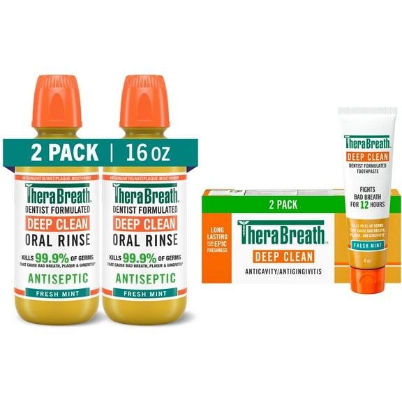 Bundle of TheraBreath Deep Clean Toothpaste, 4 Oz, (2-Pack) + TheraBreath Deep Clean Mouthwash, Antiseptic benefits, Fresh Mint Flavor, Alcohol-Free, 16 oz