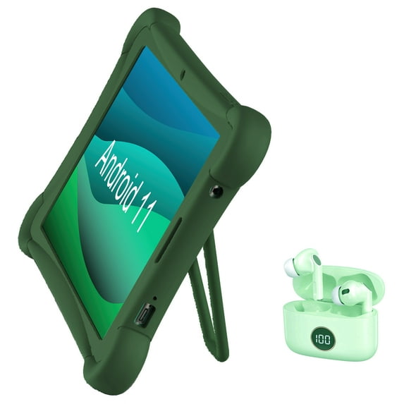 Bundle Visual Land Prestige 10” 32GB Tablet, Noise Cancellation Earbuds, Bumper, Green