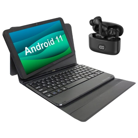 Bundle Visual Land Prestige 10” 32GB Tablet, Noise Cancellation Earbuds, Keyboard, Black