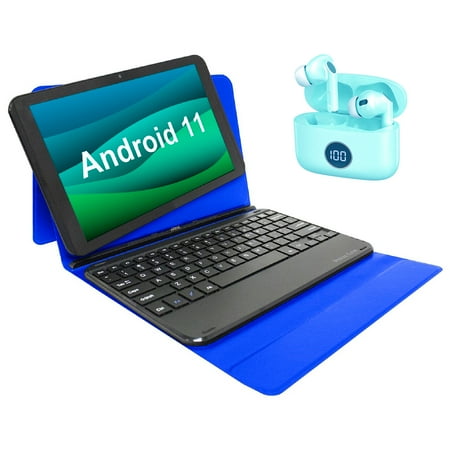 Bundle Visual Land Prestige 10” 32GB Tablet, Noise Cancellation Earbuds, Keyboard, Blue