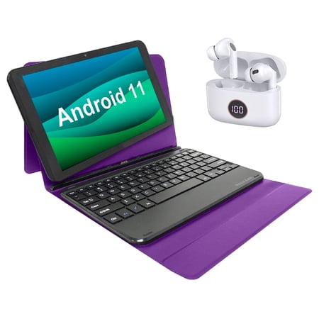 Bundle Visual Land Prestige 10” 32GB Tablet, Noise Cancellation Earbuds, Keyboard, Purple
