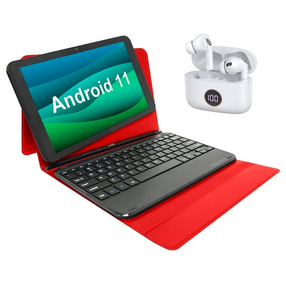 Bundle Visual Land Prestige 10” 32GB Tablet, Noise Cancellation Earbuds, Keyboard, Red