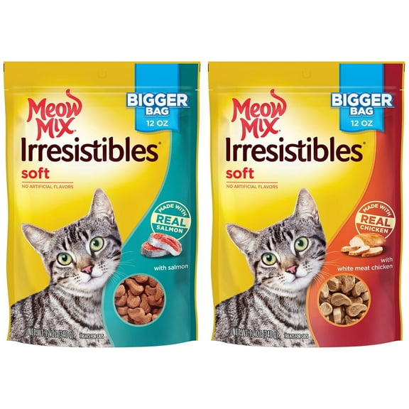 Bundle and Save! Meow Mix Irresistables Cat Treats - Soft with White meat Chicken & Salmon, 2 12-Ounce Bag