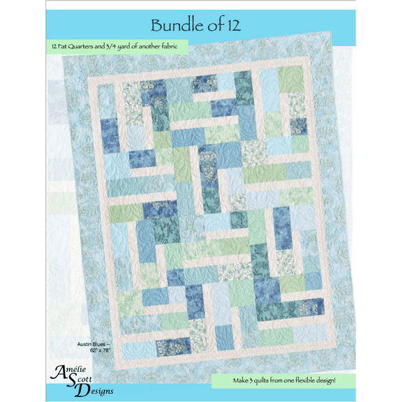 Bundle of 12 - Make 3 Quilts from One Flexible Design Pattern ASD082 from Amelie Scott Designs (Racer, Happy Garden and Austin Blues)