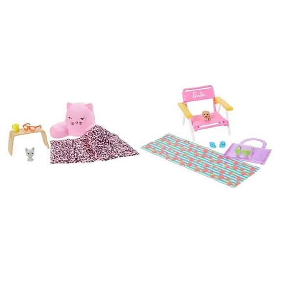Bundle of 2 |Barbie  Accessory Pack (Doll Lounge & Beach Theme) w/ 12 Pieces of Assorted Accessories