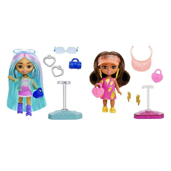Bundle of 2 | Barbie Extra Mini Minis Doll - Blue Hair Sporty Outift Doll & Brunette Doll with Visor and Lightning Bolt Dress & Accessories