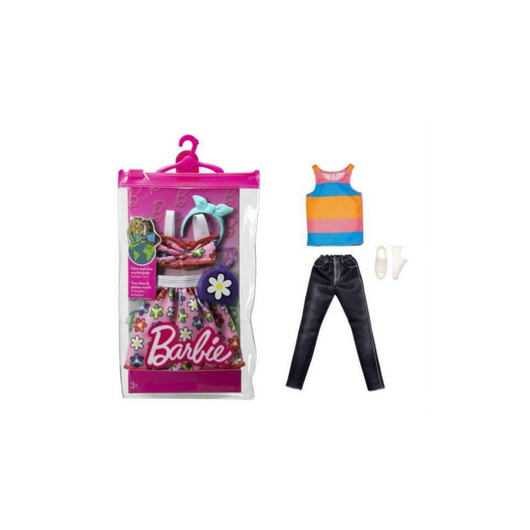 Bundle of 2 Barbie Fashion Pack Flower Outfit Two Accessories Ken Doll Clothes Set with Striped Tank Black Denim Pants Accessory