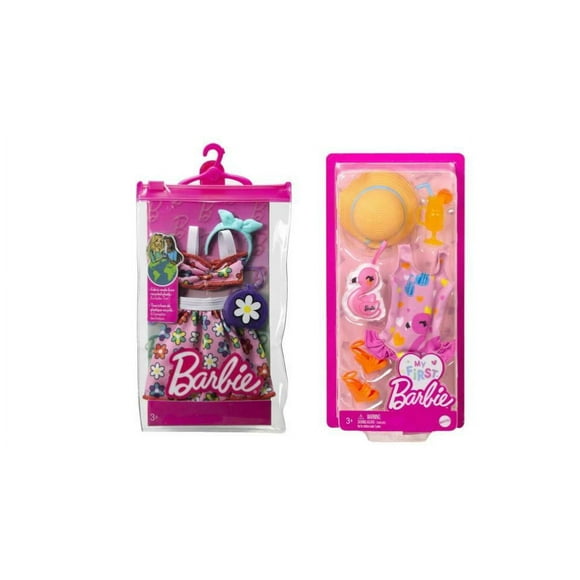 Bundle of 2 |Barbie Fashion Pack [Flower Outfit & Two Accessories & Swimsuit & Flamingo with Beach Accessories]