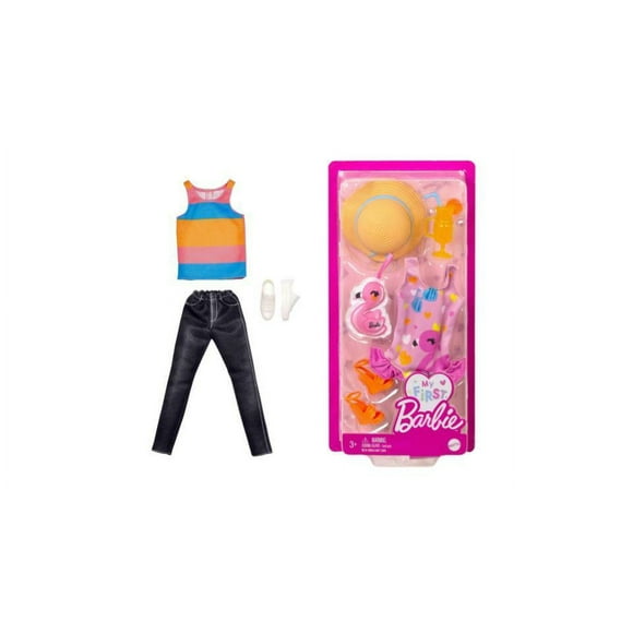 Bundle of 2 |Barbie Fashion Pack [Ken Doll Clothes Set with Striped Tank Black Denim Pants & Accessory & Swimsuit & Flamingo with Beach Accessories]