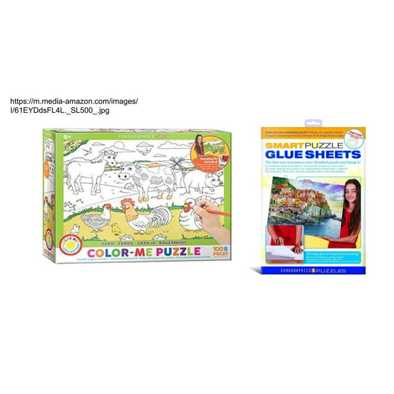 Bundle of 2 |EuroGraphics Farm Color Me Puzzle (100 Piece) + Smart Puzzle Glue Sheets