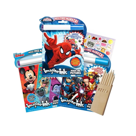 Bundle of 3 Imagine Ink Coloring Book Featuring Favorite Cartoon Characters Mess Free Invisible Ink Pens With Stickers and Pencils