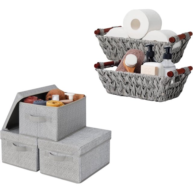 Bundle of 3Pack Closet Storage Boxes & 2Pack Wicker Storage Baskets
