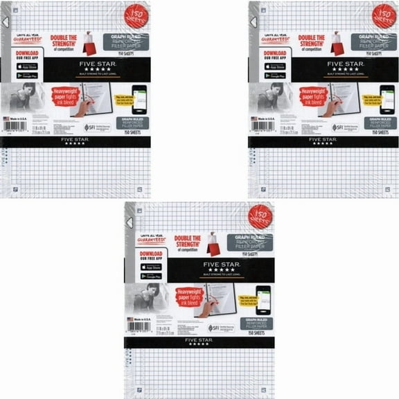 Bundle of 3 Packs - Five Star Graph Ruled Reinforced Notebook Filler Paper - 8.5" x 11" (150 Sheets)