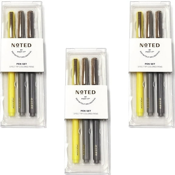 Bundle of 3 Packs - Noted by Post-it Neutral Color Felt-Tip Pen Set - Yellow, Gray, Charcoal (3-Piece Set)