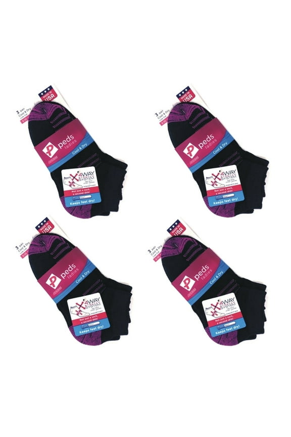 Bundle of 4 Packs - PEDS Active Cool & Dry Low Cut Ankle Socks - Black/Pink (3 Pack) Shoe Size 5-10
