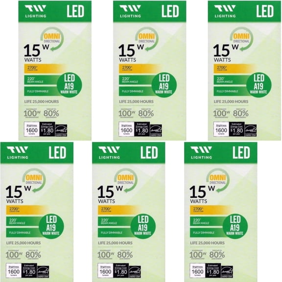 Bundle of 6 Packs - TW Lighting 15 Watt LED Fully Dimmable A19 Light Bulb - Warm White (1 Pack) 100W Equiv.
