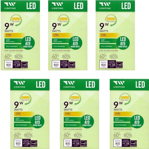 Bundle of 6 Packs - TW Lighting 9 Watt LED Fully Dimmable A19 Light Bulb - Warm White (1 Pack) 60W Equiv.