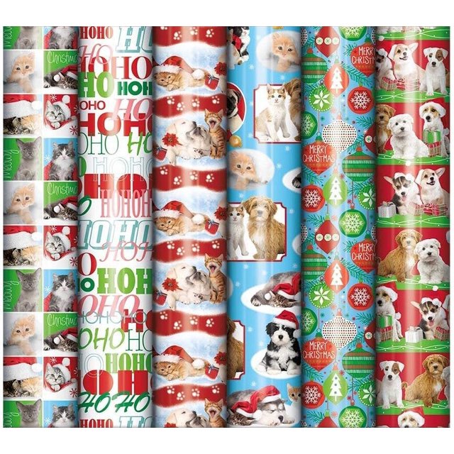 Bundle of 6 Rolls of Christmas Holiday Pets Gift Wrapping Paper, Cats