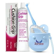 ZYROCO Cushion Grip for Denture Adhesive Kit – 1oz Waterproof Gel with Denture Case & Cleaning Brush | 3-Piece Set for Lower Dentures