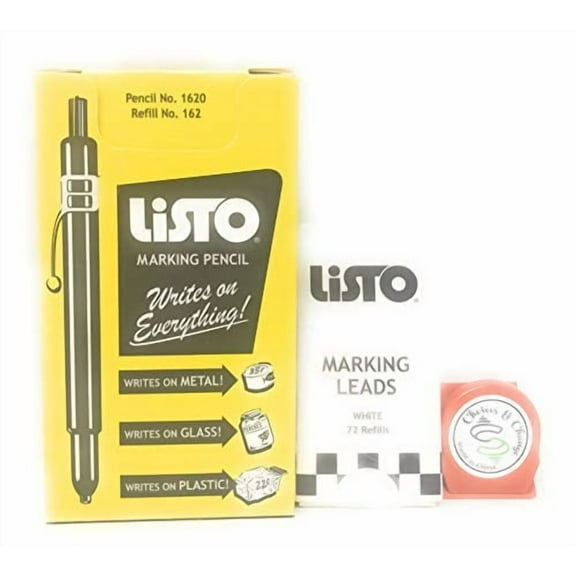 Bundle of Listo 1620 Marking Pencil/Grease Pencils/China Marking Pencils/Wax Pencils - White, Box of 12 With 72 Refills With Bonus Magnetic Memo Clip