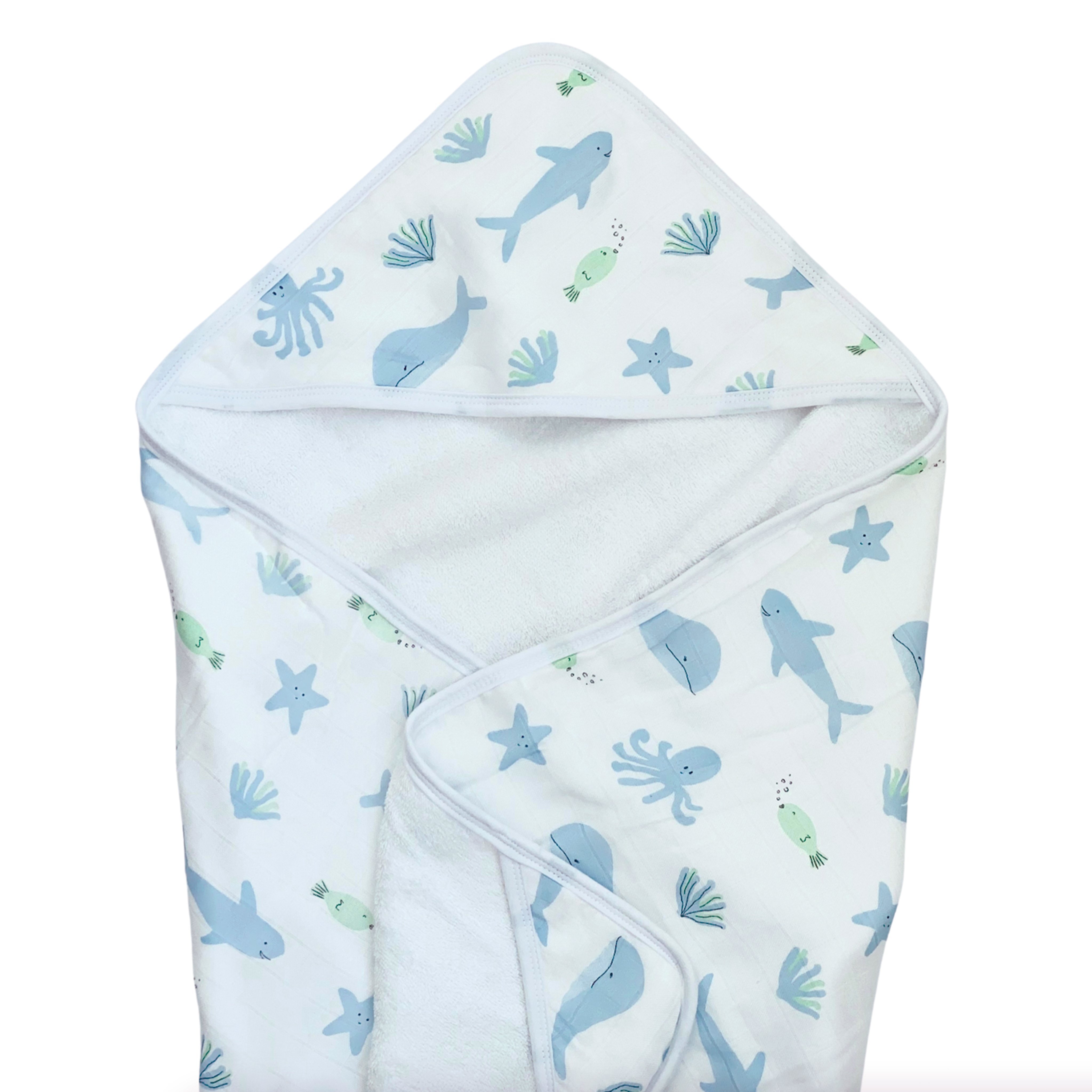 Bundled Baby, Oversized Baby Hooded Towel, Made out of Bamboo Muslin, Under the Sea, Ocean Baby Bath