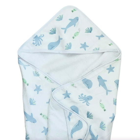 Bundled Baby, Oversized Baby Hooded Towel, Made out of Bamboo Muslin, Under the Sea, Ocean Baby Bath