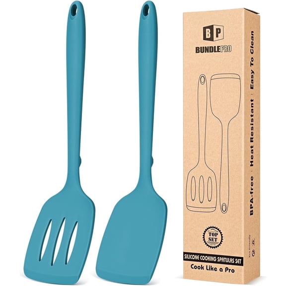 Bundlepro 2 Pack Non Stick Silicone Spatulas Turners Set with Bulge, One-Piece Design,Blue