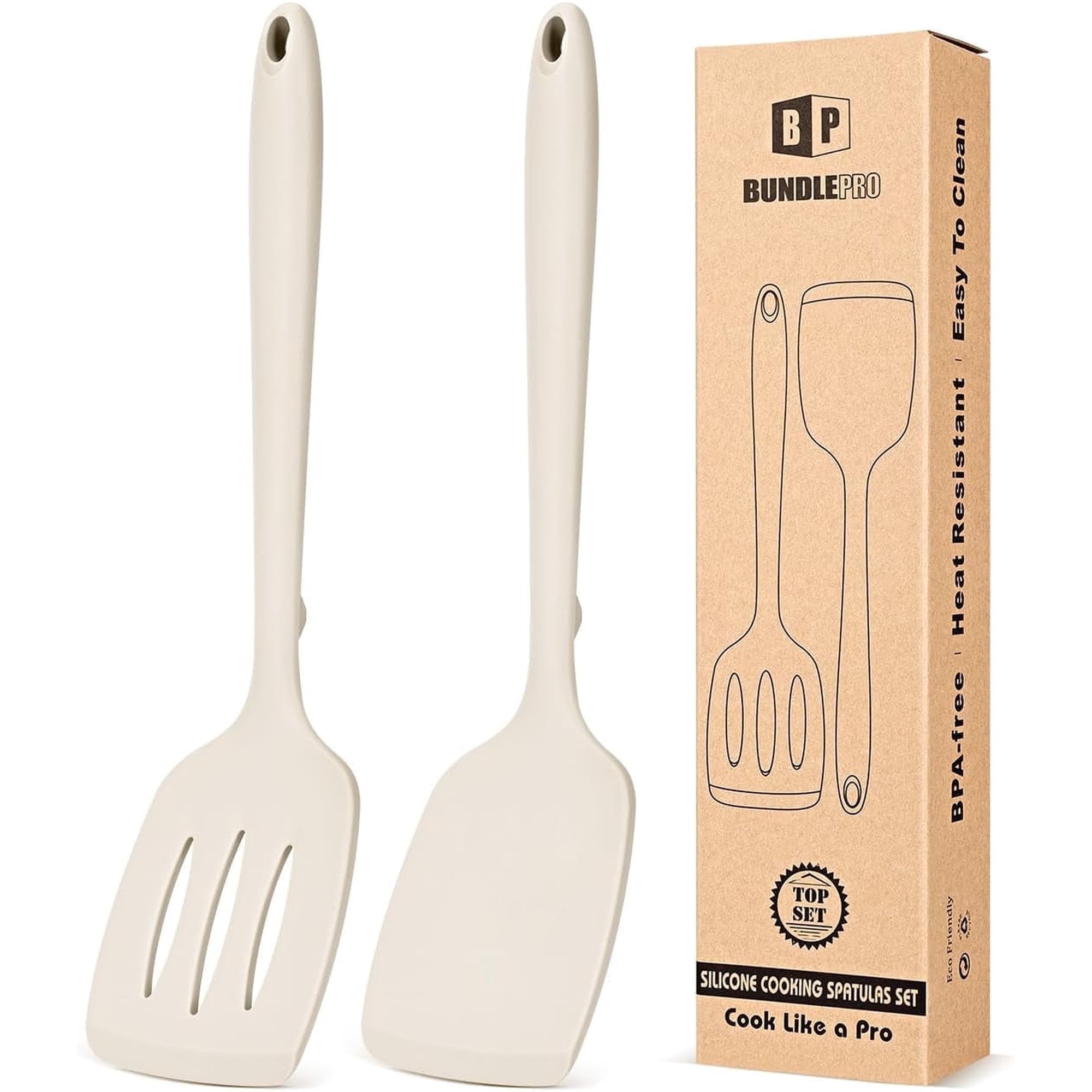 Bundlepro 2 Pack Non Stick Silicone Spatulas Turners Set with Bulge, One-Piece Design,Khaki