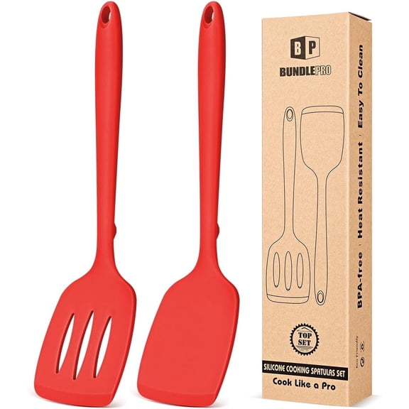 Bundlepro 2 Pack Non Stick Silicone Spatulas Turners Set with Bulge, One-Piece Design,Red