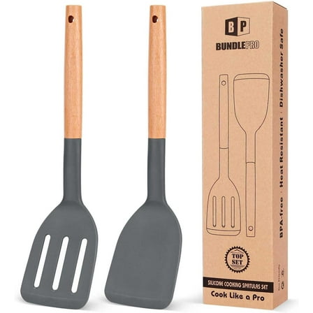 Bundlepro 2 Pack Silicone Cooking Spatula Set,Solid Slotted Spatula Turner with Wood Handle, Gray