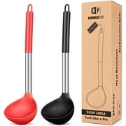 Bundlepro 2 Pack Silicone Large Deep Soup Ladles Spoon Server, Nonstick Rubber Cookware, Black+ Red