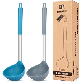 Bundlepro 2 Pack Silicone Large Deep Soup Ladles Spoon Server, Nonstick Rubber  Cookware, Blue+ Gray