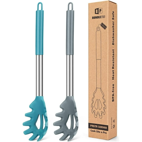 Bundlepro 2 Pack Silicone Pasta Noodle Strainer Spaghetti Spoon Drain Server, Blue + Grey, 0.44 lbs