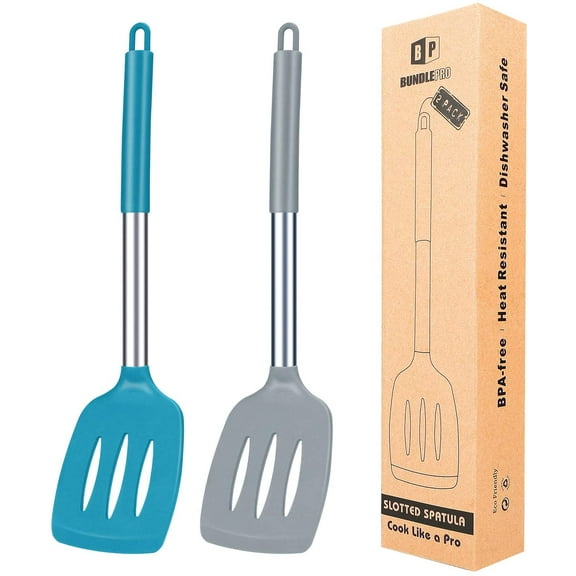 Bundlepro 2 Pack Silicone Slotted Spatula Set, Non Stick Home Kitchen Turner Set, Blue + Gray