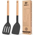 thumbnail image 1 of Bundlepro 2 Packs Silicone Cooking Spatulas,Solid Slotted Turners with Wooden Short Handle, Black, 1 of 6