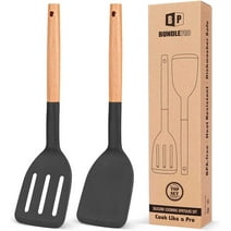 Bundlepro 2 Packs Silicone Cooking Spatulas,Solid Slotted Turners with Wooden Short Handle, Black