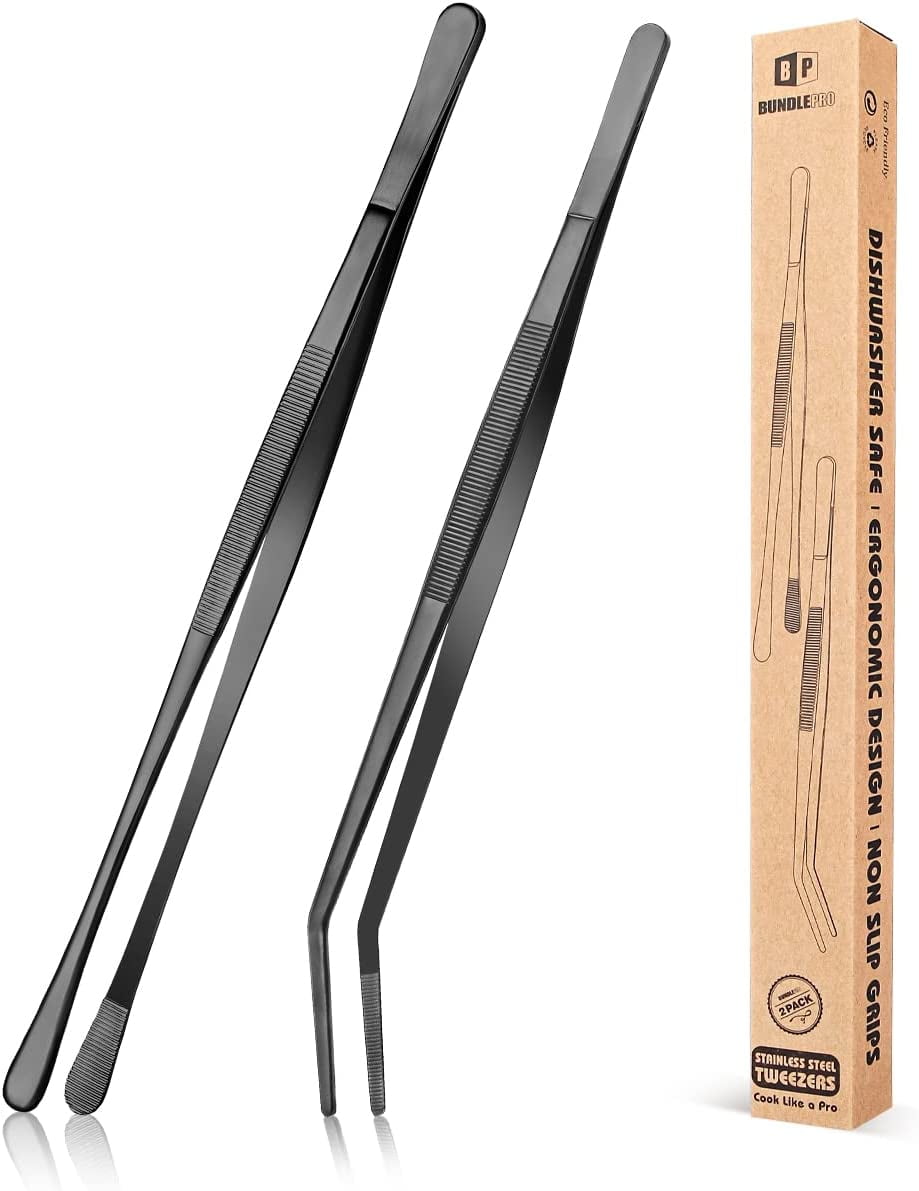Bundlepro 2 Pcs Kitchen Fine Tweezer Tongs,12'' Stainless Steel Long