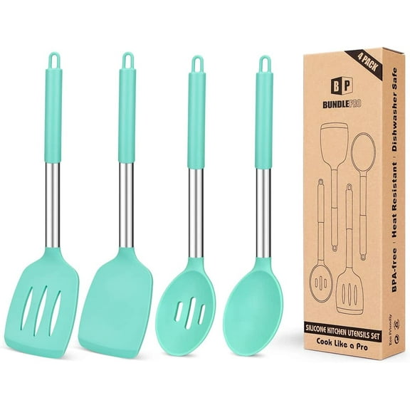 Bundlepro 4 Pack Silicone Home Kitchen Cooking Utensils Set, Solid Slotted Spatulas Spoons, Green