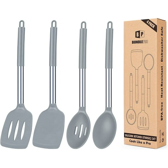 Bundlepro 4 Pack Silicone Home Kitchen Cooking Utensils Set,Solid Slotted Spatulas Spoons Set, Gray