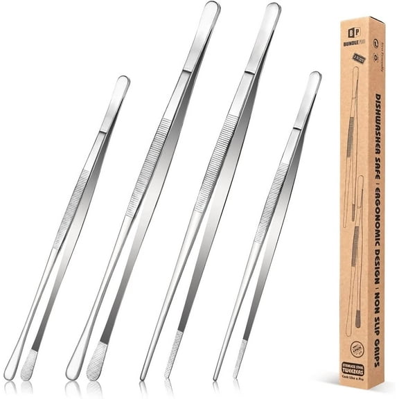 Bundlepro 4 Pcs 10'' 12'' Kitchen Fine Tweezers Tongs for Grilling Cooking Serving,Hand Wash,Silver