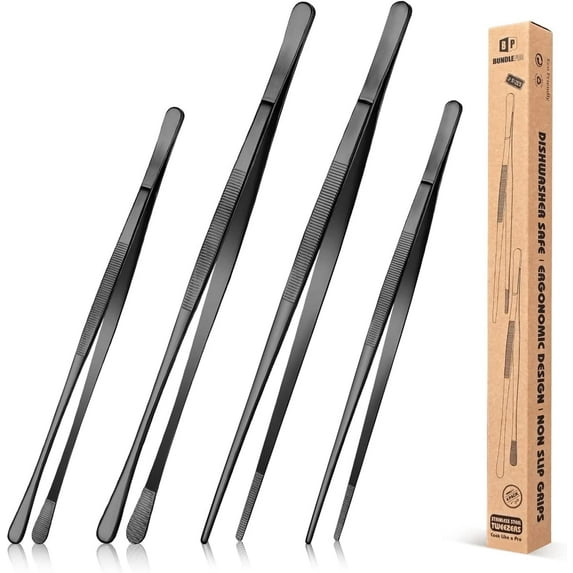 Bundlepro 4 Pcs 10'' 12'' Kitchen Fine Tweezers Tongs for Grilling Cooking Serving,Hand Wash,Black