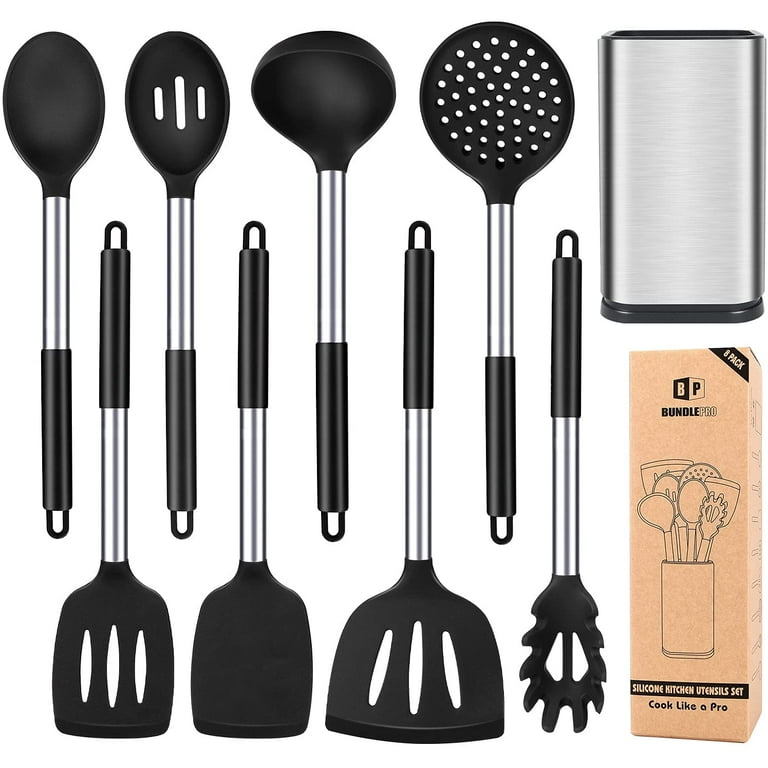 Bundlepro 8 Pcs Silicone Cooking Utensil Set, Kitchen Cookware with  Stainless Steel Handle, Black