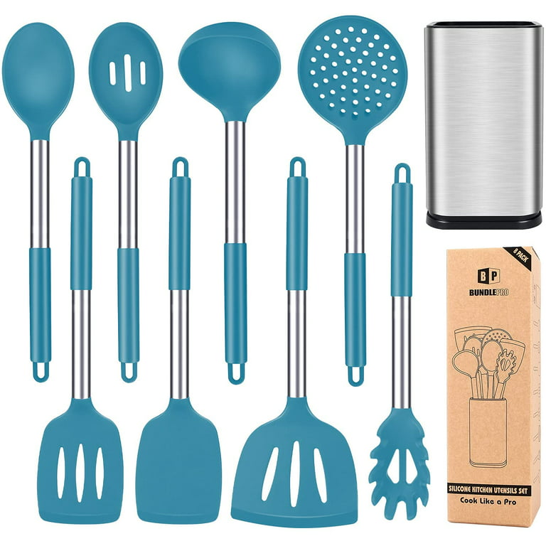 Blue Kitchen Utensil Set - Stainless Steel & Silicone Heat Resistant Professional Cooking Tools