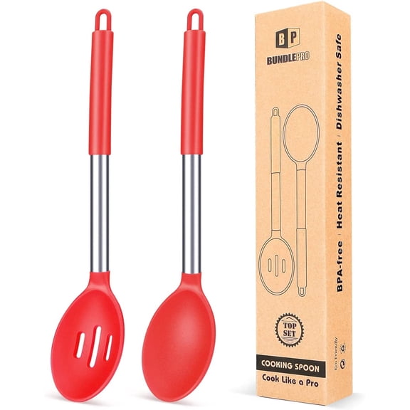 Bundlepro Pack of 2 Silicone Cooking Spoons, Non Stick Basting Slot and Solid Kitchen Utensil, Red
