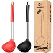 Silicone Ladle Soup Spoon Set of 2, Nonstick Heat Resistant Long Handle Unbreakable Big Round Scoop for Home Kitchen Cooking,Red and Black