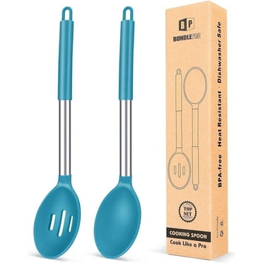 Bundlepro Pack of 2 Silicone Slot and Solid Cooking Spoons,Non Stick Basting Serving Utensil, Blue
