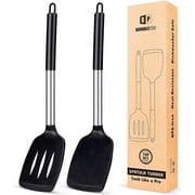 Bundlepro Pack of 2 Silicone Spatulas Turners, Non Stick Slotted and Solid Kitchen Utensils, Black